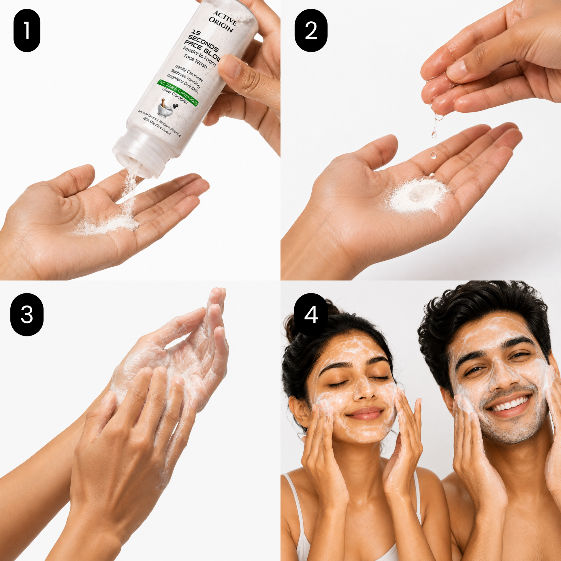 How to use Active Origin waterless powder-to-foam face wash by dispensing powder, adding water, creating foam and gently cleansing the face