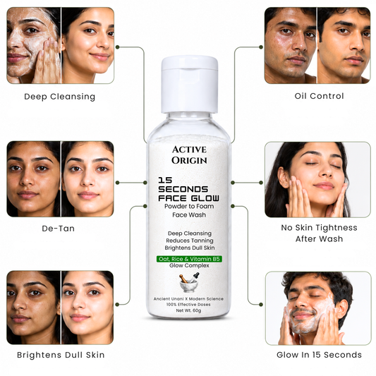 Active Origin waterless powder-to-foam face wash showing deep cleansing, oil control, brighter-looking skin and no tight feeling after washing