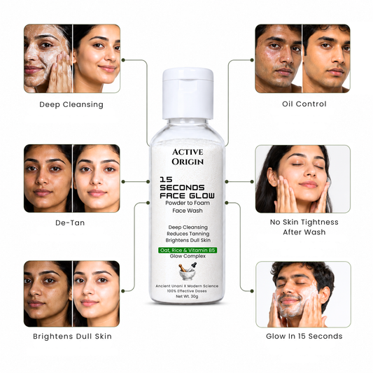 Active Origin waterless powder-to-foam face wash showing deep cleansing, oil control, brighter-looking skin and no tight feeling after washing