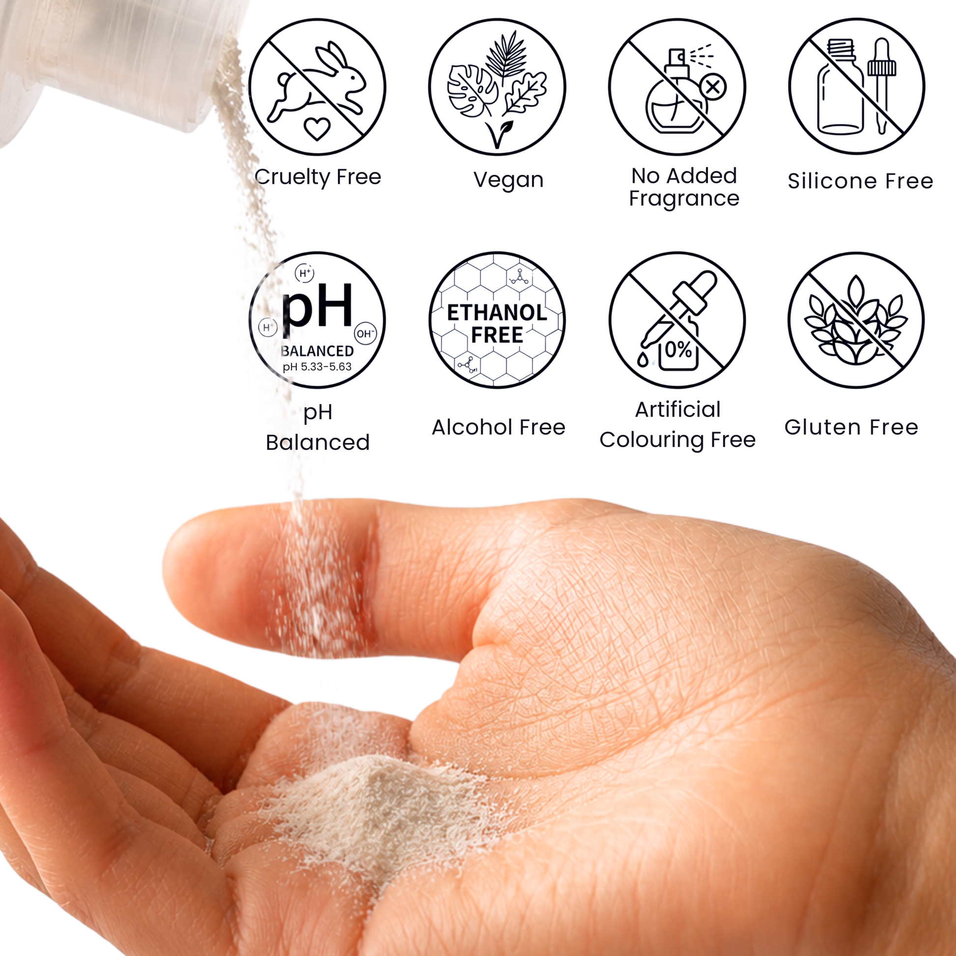Active Origin waterless powder-to-foam face wash highlighting fragrance-free, alcohol-free, silicone-free, pH-balanced, vegan and cruelty-free formula