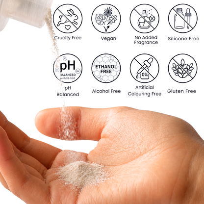 Active Origin waterless powder-to-foam face wash highlighting fragrance-free, alcohol-free, silicone-free, pH-balanced, vegan and cruelty-free formula