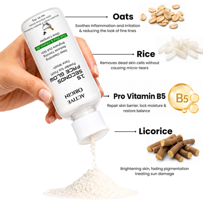 Active Origin waterless powder-to-foam face wash with colloidal oats, rice starch, licorice root extract and Pro Vitamin B5 ingredients