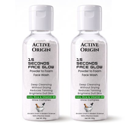 Active Origin Powder Face Wash | 15 Seconds Face Glow, De-Tan, Deep Cleansing, Removes Dead Skin & Brighten Face | Gentle Non Drying | Oats, Rice & Pro Vit B5 | Face wash for Men & Women (60g Pack of 2)