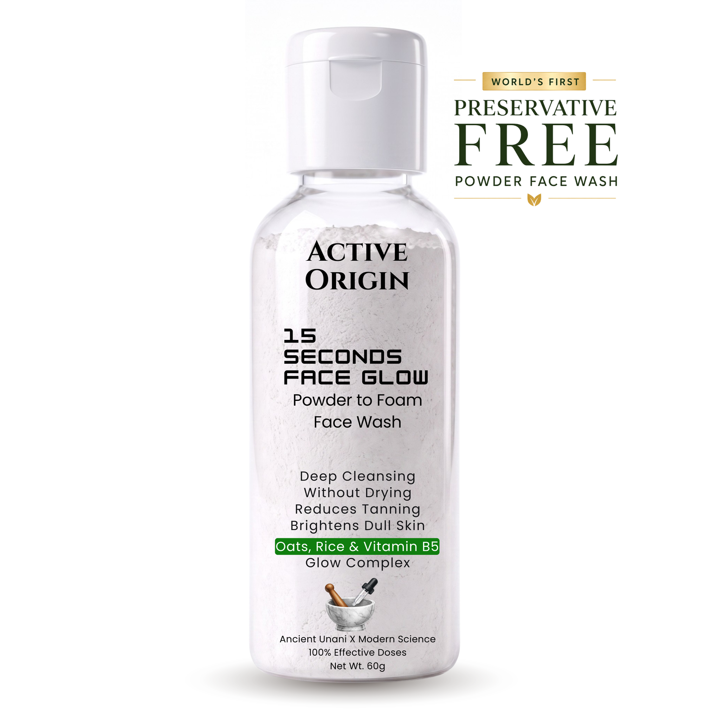 Active Origin Powder Face Wash | 15 Seconds Face Glow, De-Tan, Deep Cleansing, Removes Dead Skin & Brighten Face | Gentle Non Drying | Oats, Rice & Pro Vit B5 | Face wash for Men & Women (60g)