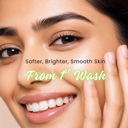 Woman with clean, smooth and brighter-looking skin after using Active Origin waterless powder-to-foam face wash