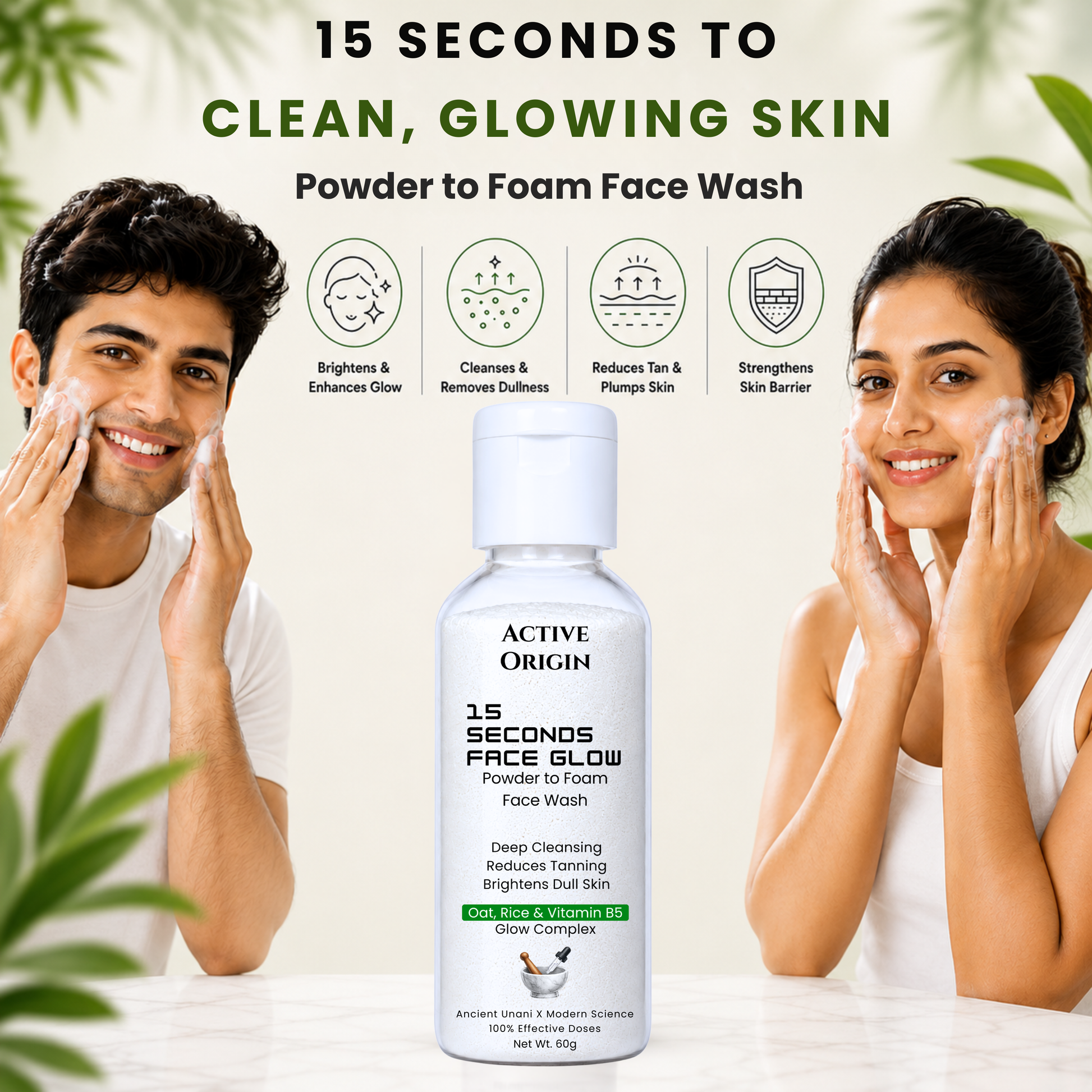 Man and woman using Active Origin waterless powder-to-foam face wash for clean, glowing-looking skin