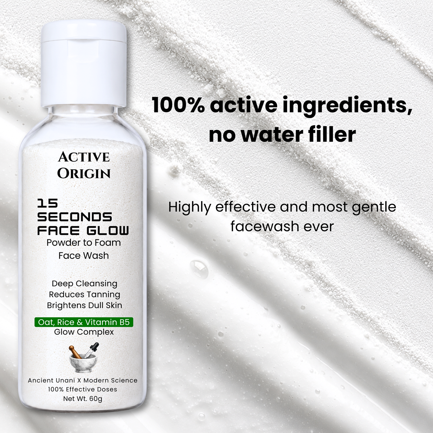 Active Origin waterless powder-to-foam face wash with concentrated powder formula and no added water