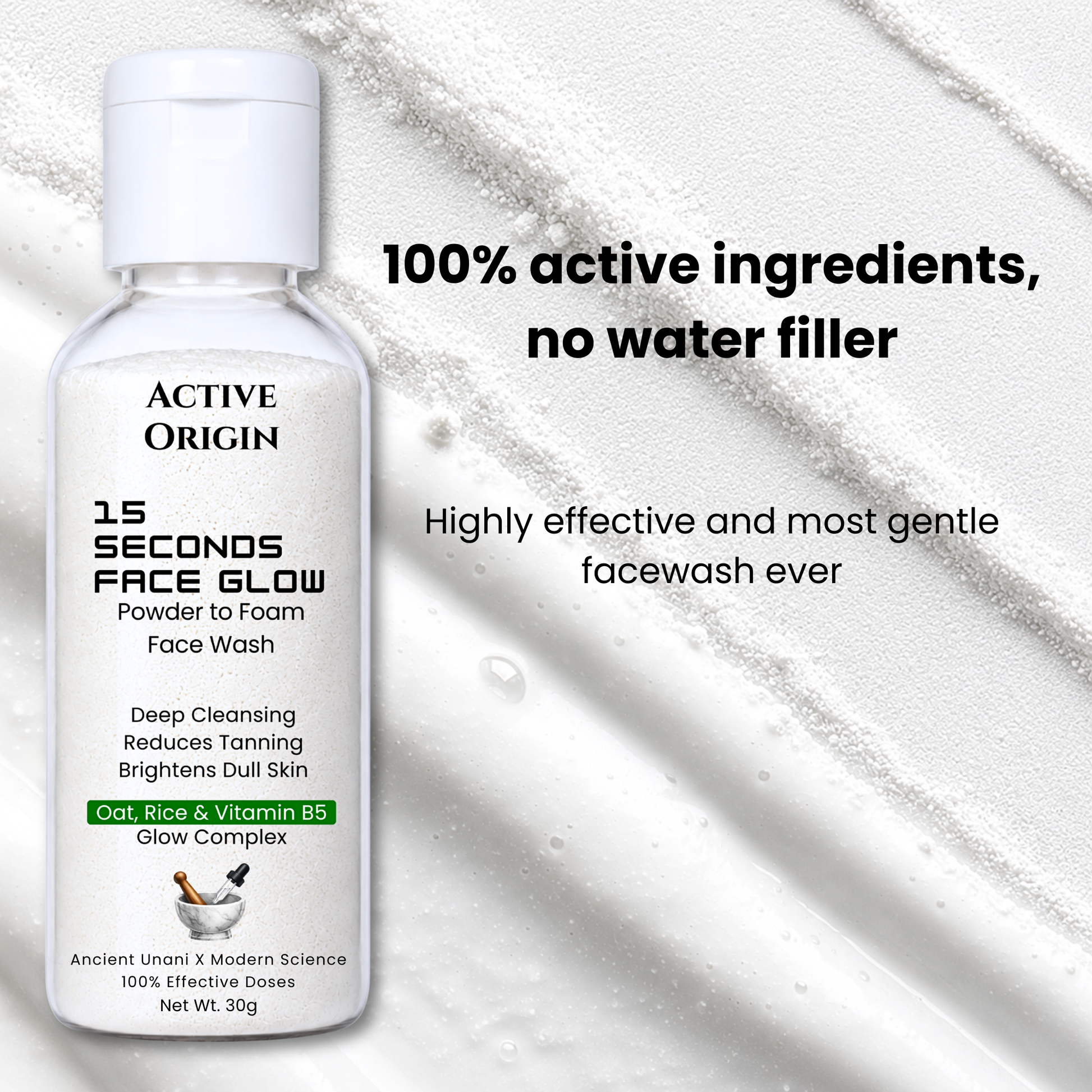 Active Origin waterless powder-to-foam face wash with concentrated powder formula and no added water